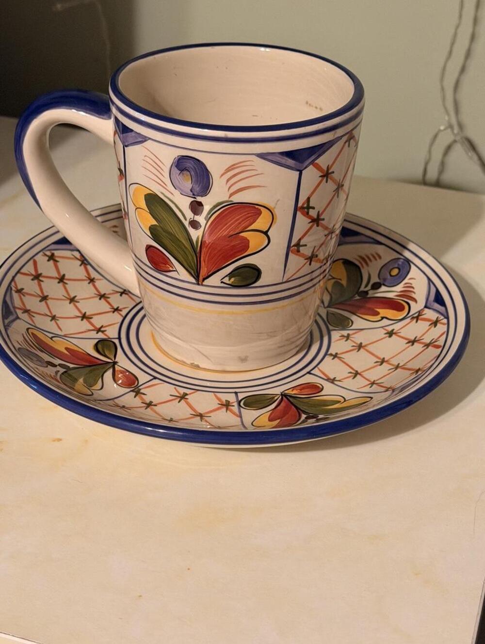 Tabletops Gallery Seville Cup and Saucer Set Hand Painted Oversized Coffee Mug